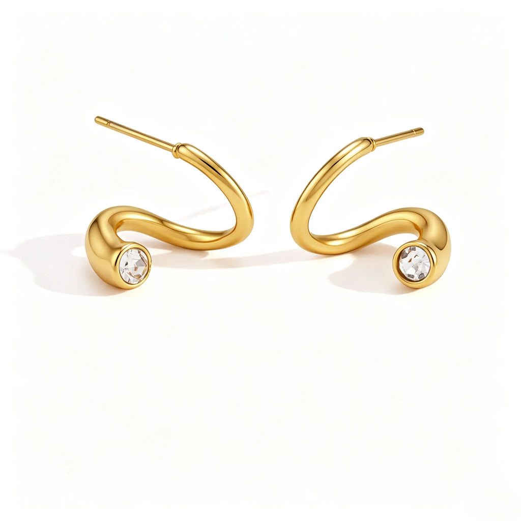 Waterproof Wave CZ S-Shape Stud Earrings