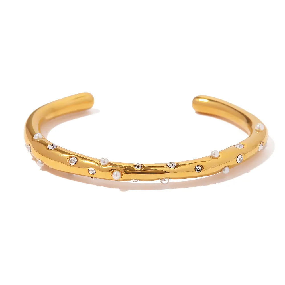 Zirconia & Pearl Wave Cuff Bracelet – Waterproof 18K Gold
