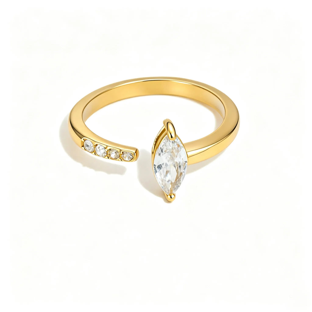 Waterproof Stainless Steel Bypass CZ Ring | Gold Asymmetrical Solitaire Open Band