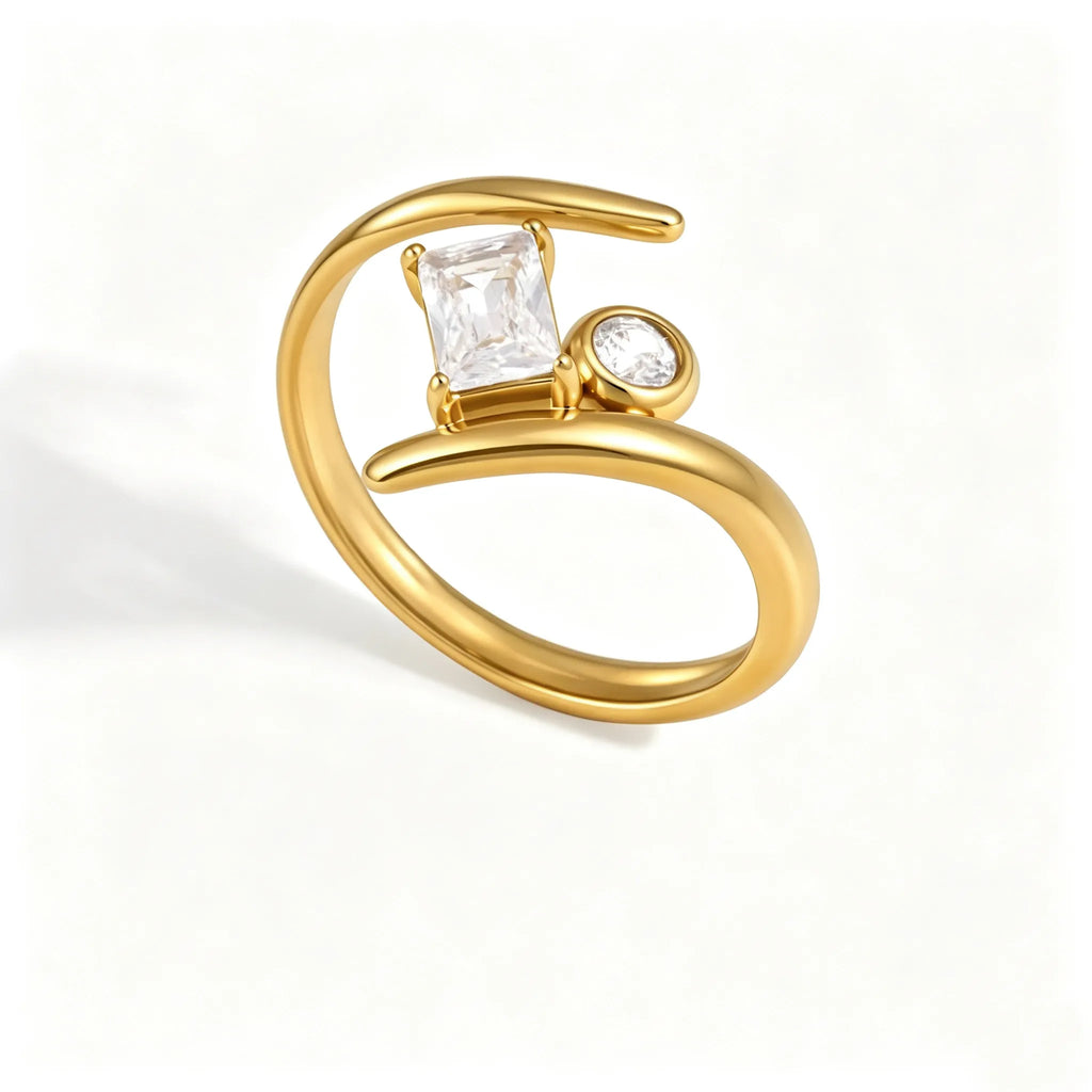 Mixed-Cut CZ Bypass Open Ring – Waterproof 18K Gold