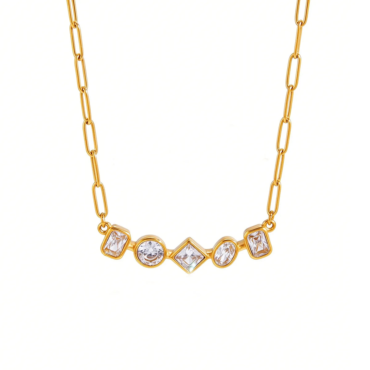 Waterproof Multi-Shape CZ Paperclip Chain Necklace