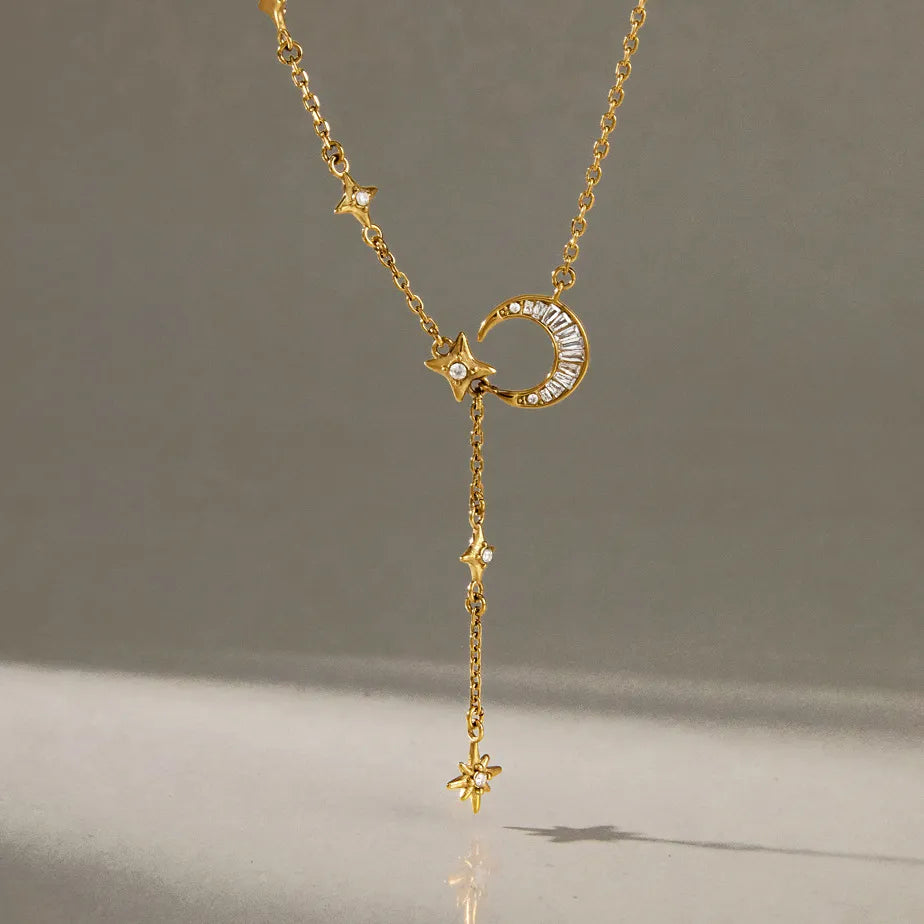 Waterproof Moon & Star Lariat Y-Necklace