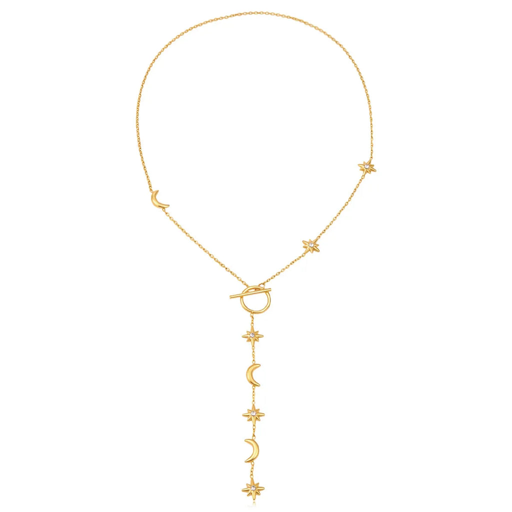 Moon & Star Toggle Lariat Y-Necklace – Waterproof 18K Gold