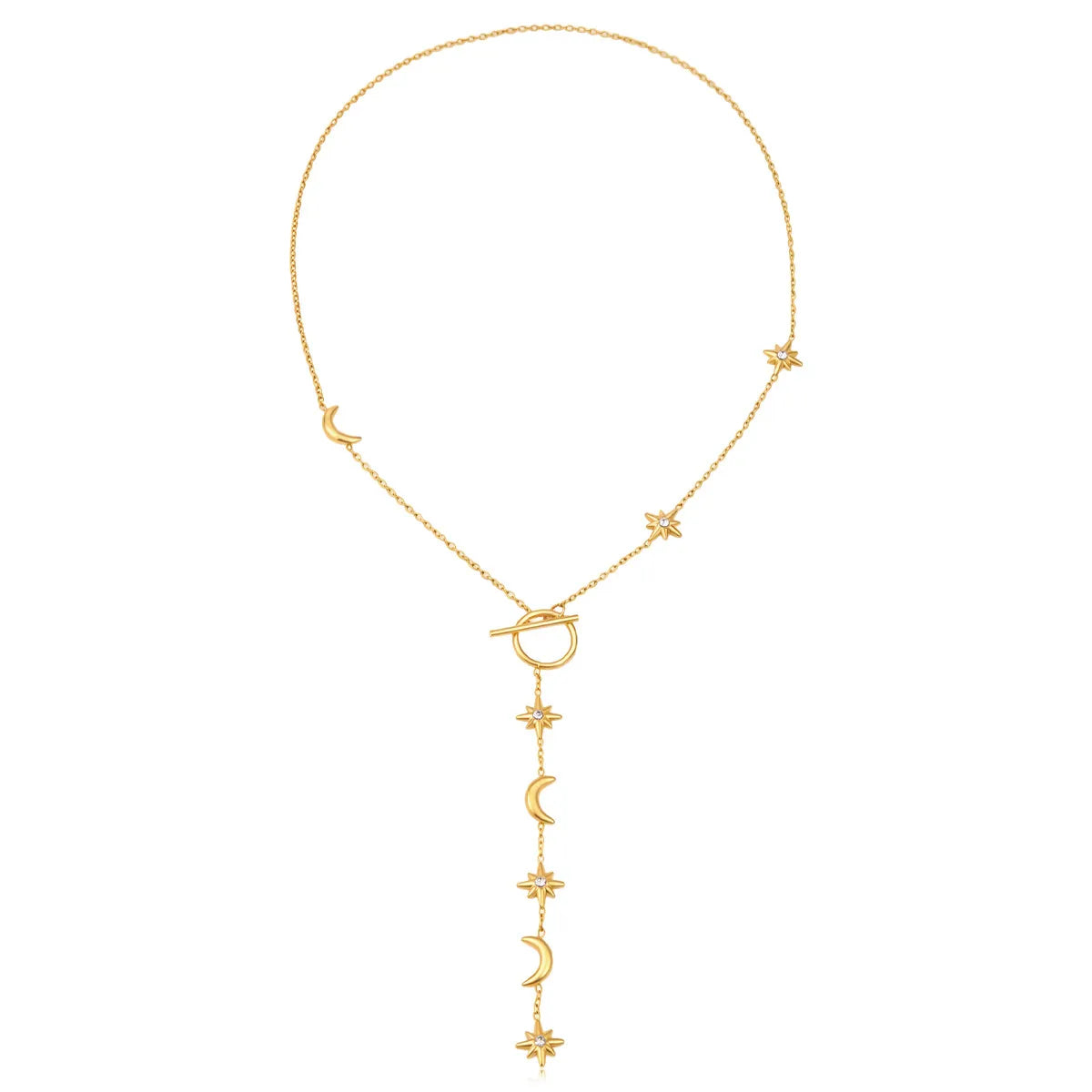 Moon & Star Toggle Lariat Y-Necklace – Waterproof 18K Gold