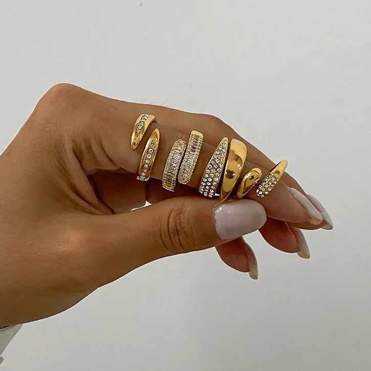 Pavé CZ Sculptural Open Ring Collection – Waterproof 18K Gold