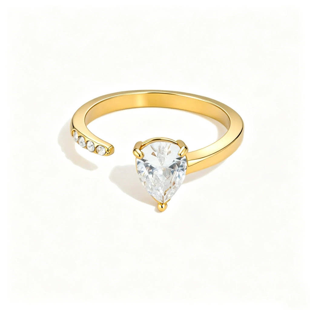 Waterproof Stainless Steel Bypass CZ Ring | Gold Asymmetrical Solitaire Open Band