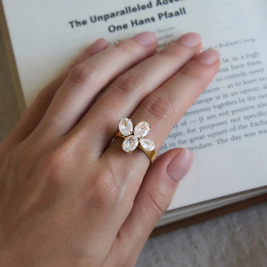 Waterproof Stainless Steel Pear CZ Clover Ring