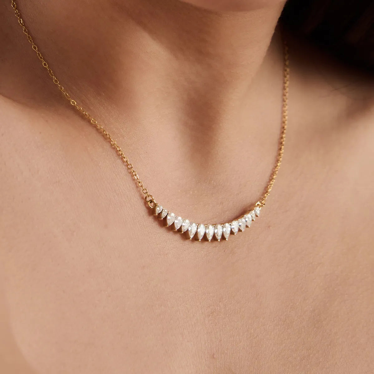 Waterproof Gold Pear-Cut CZ Curve Necklace