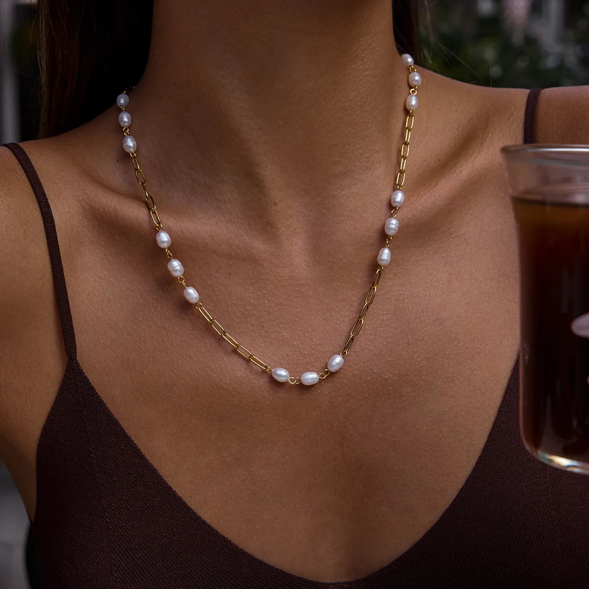 Waterproof Gold Paperclip Chain Pearl Necklace