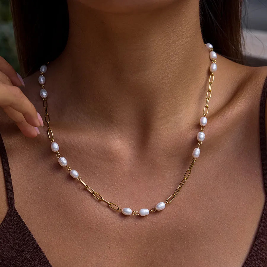 Waterproof Gold Paperclip Chain Pearl Necklace