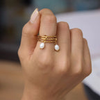 Waterproof Gold Chain Ring & Pearl Stacking Ring