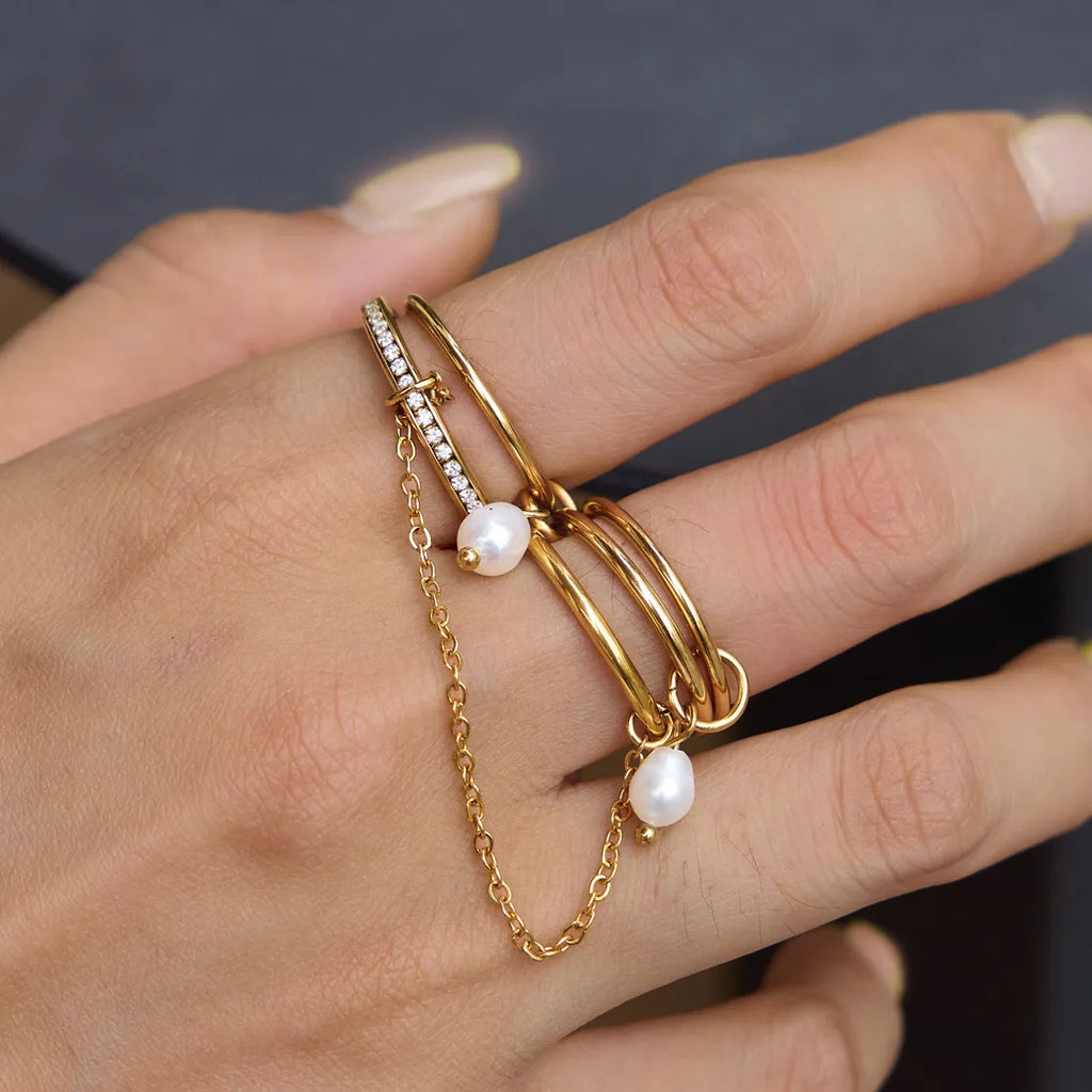 Waterproof Gold Chain Ring & Pearl Stacking Ring