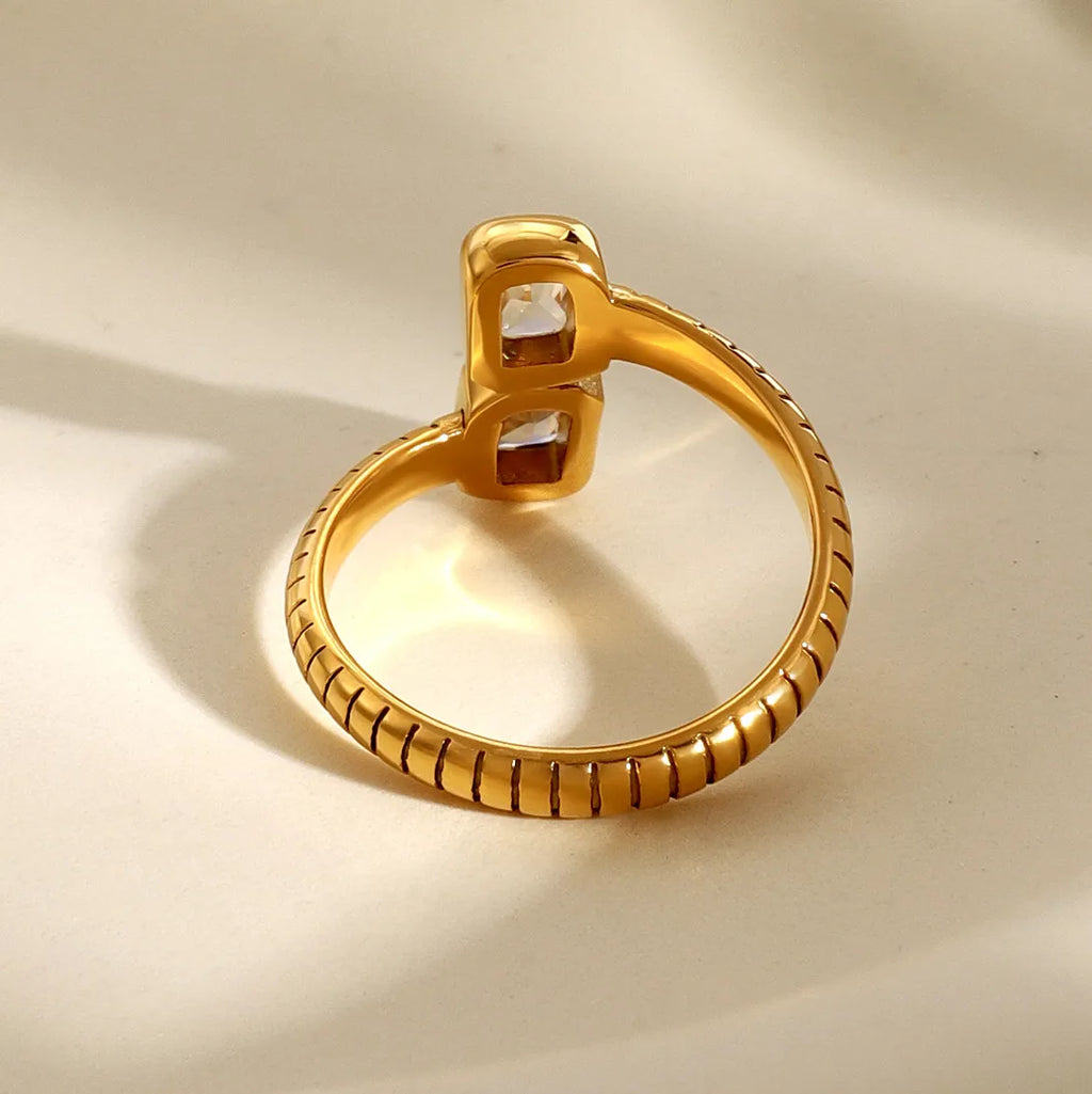 Waterproof Gold Ribbed Open Band Dual CZ Ring