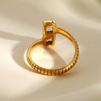 Waterproof Gold Ribbed Open Band Dual CZ Ring