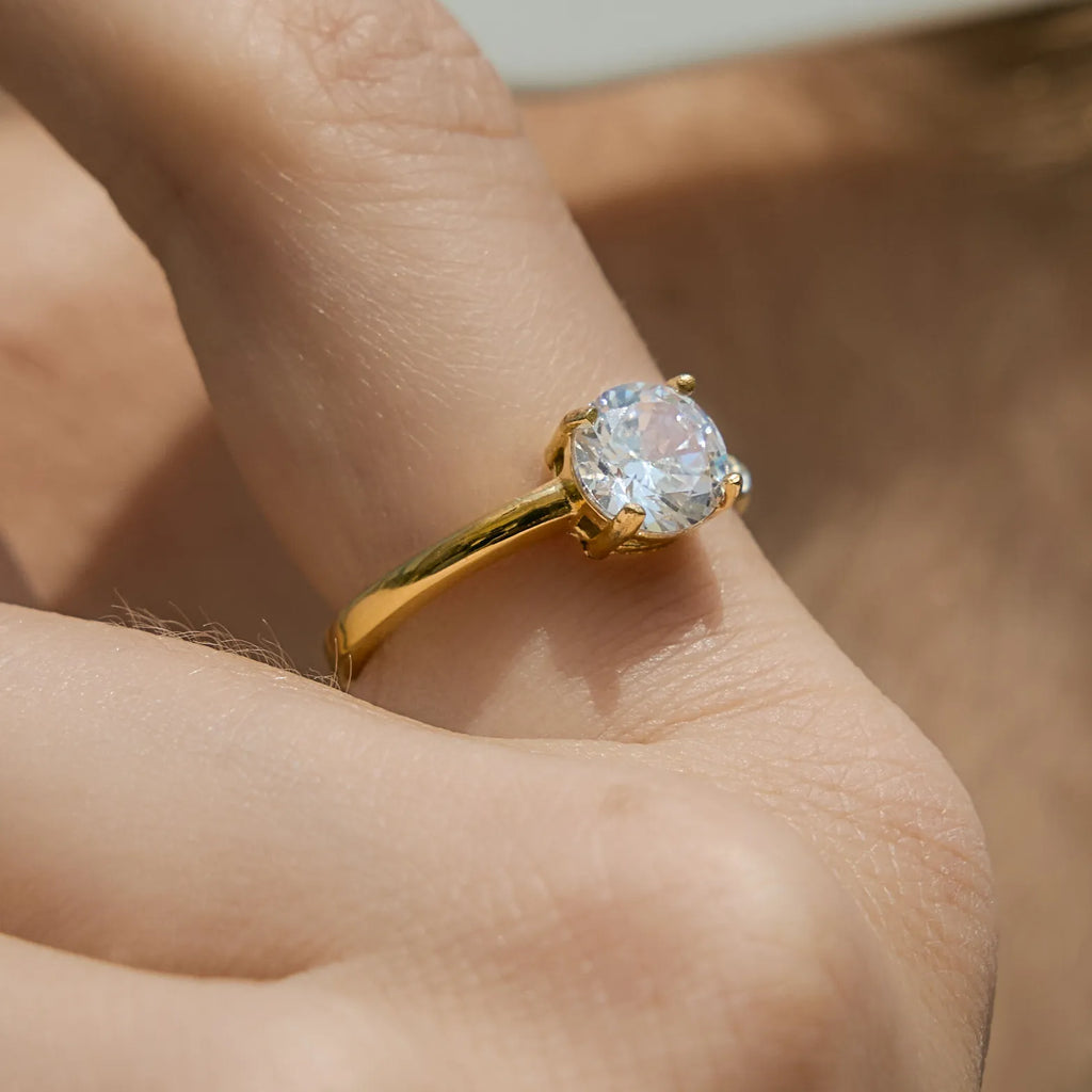 Waterproof Stainless Steel Bypass CZ Ring | Gold Asymmetrical Solitaire Open Band