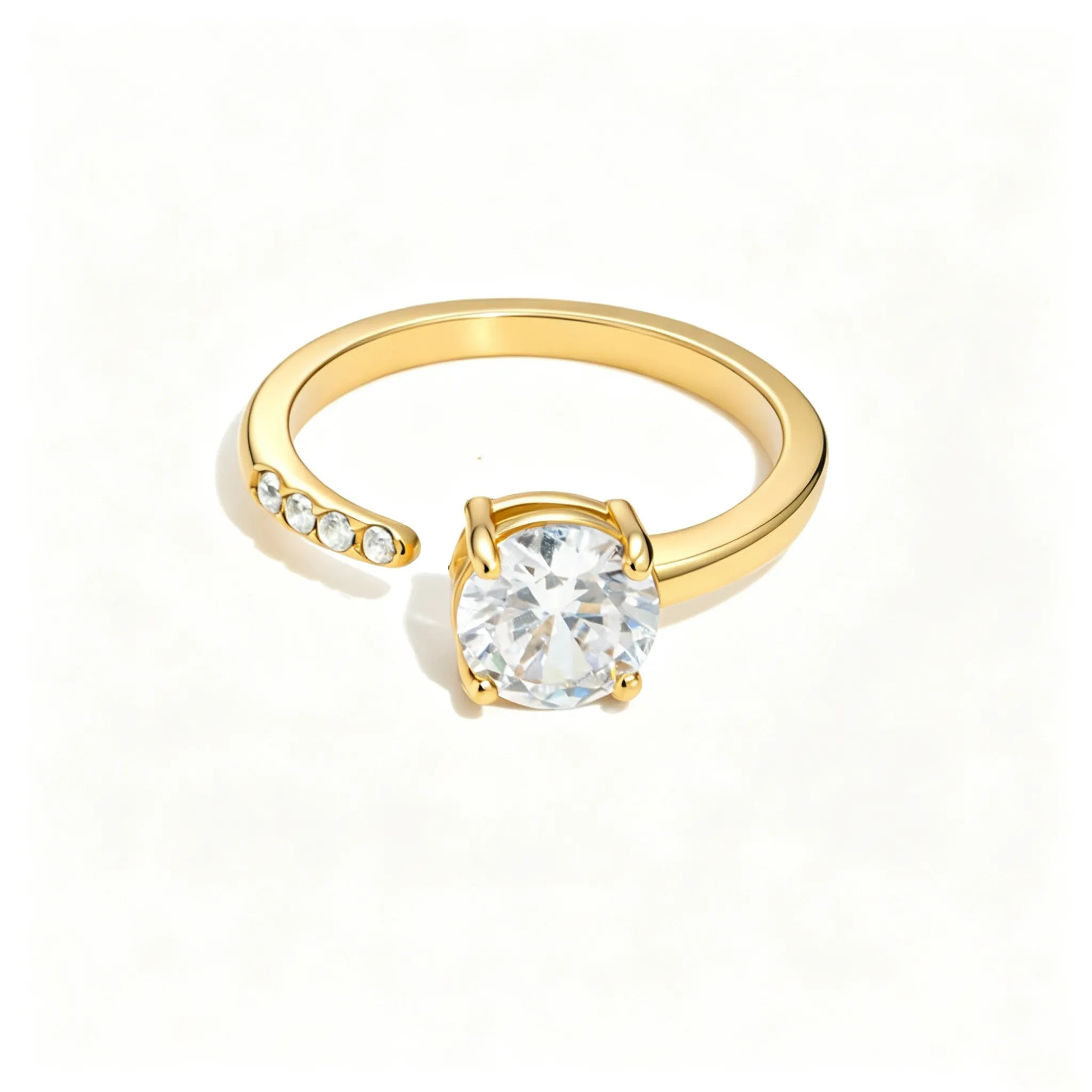 Waterproof Stainless Steel Bypass CZ Ring | Gold Asymmetrical Solitaire Open Band