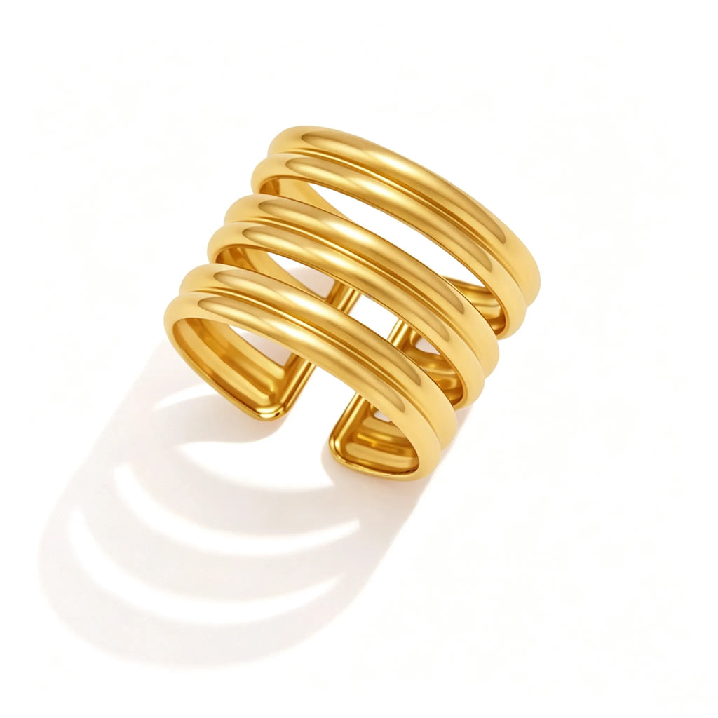 Waterproof Stainless Steel Sculptural Statement Rings | Gold CZ Lattice & Spiral Coil Bands