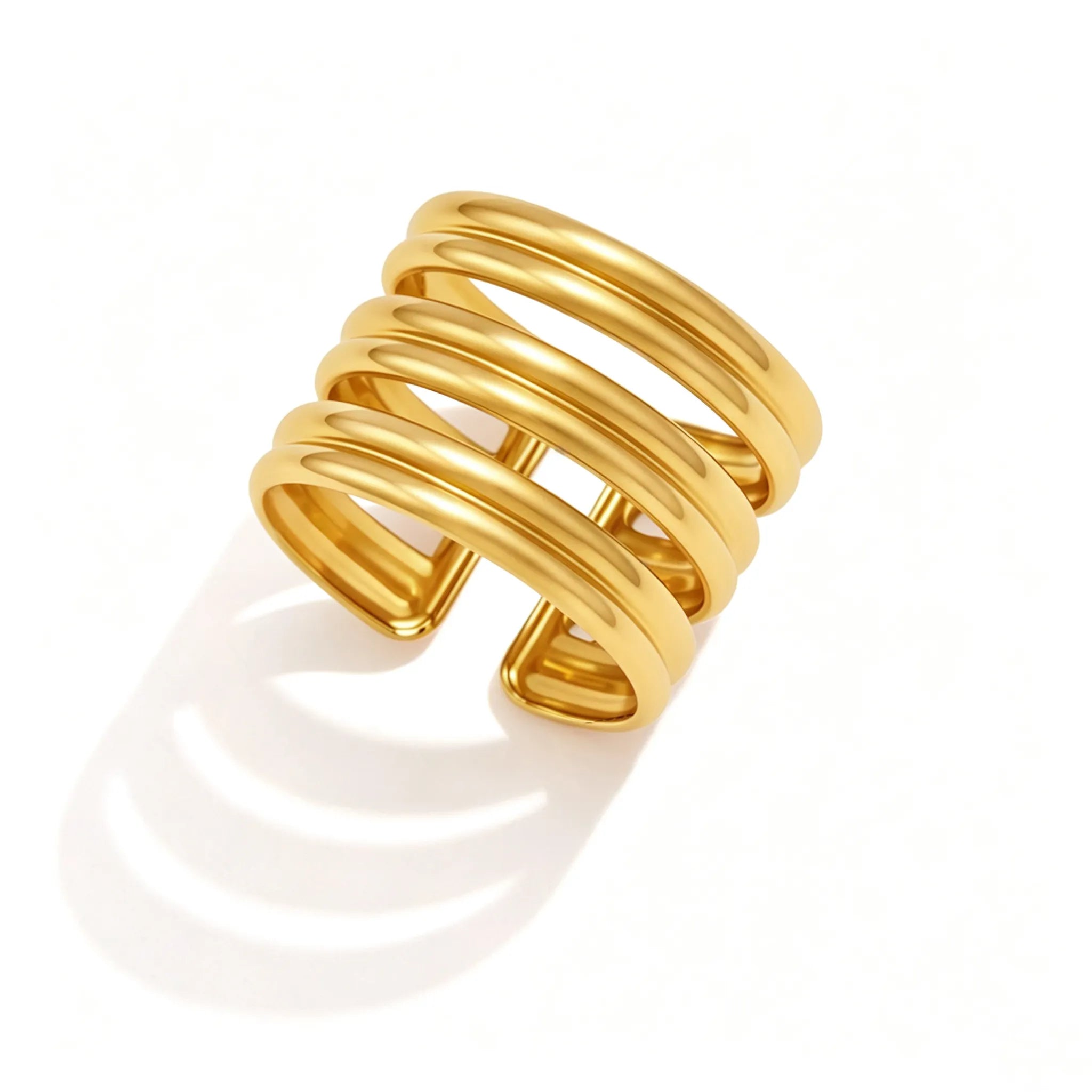 Waterproof Stainless Steel Sculptural Statement Rings | Gold CZ Lattice & Spiral Coil Bands