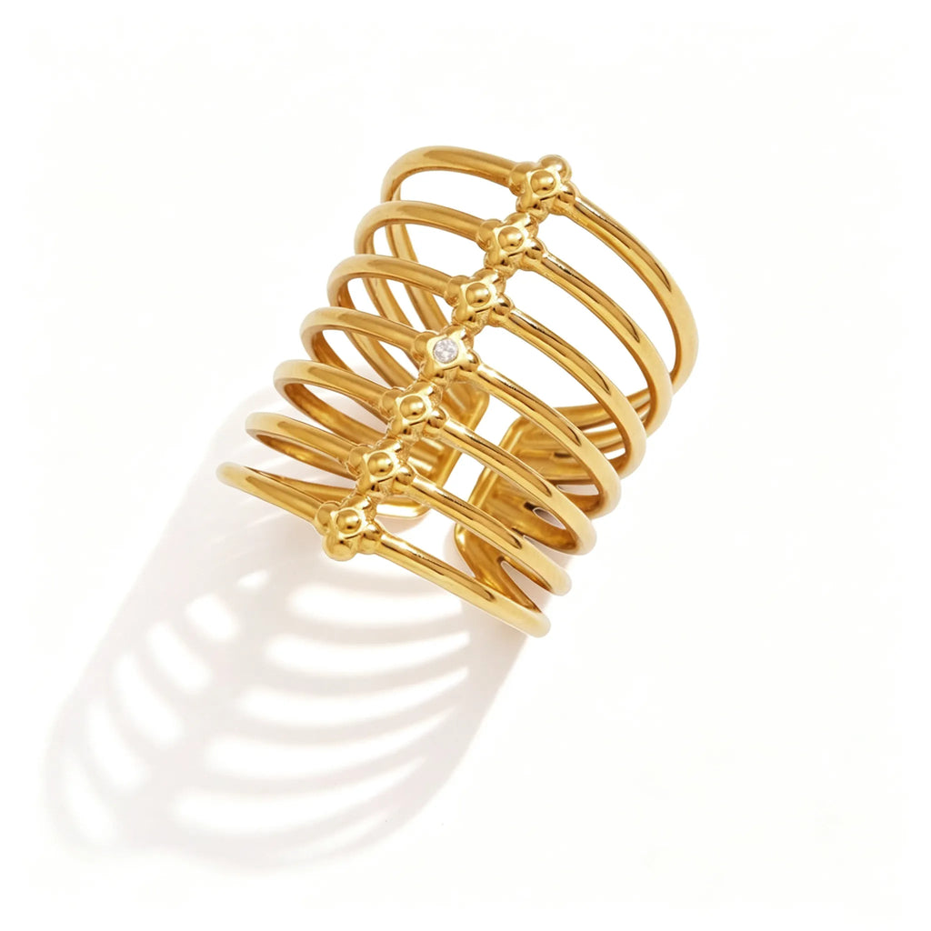 Waterproof Stainless Steel Sculptural Statement Rings | Gold CZ Lattice & Spiral Coil Bands