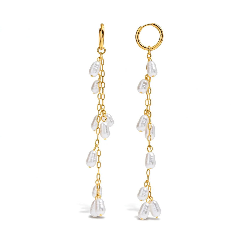 Waterproof Spiral Chain Tassel Pearl Drop Earrings