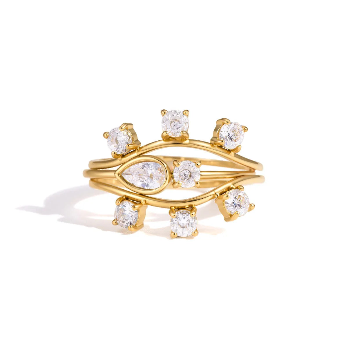 CZ Crown, Pear & Wave Stackable Ring Set – Waterproof 18K Gold