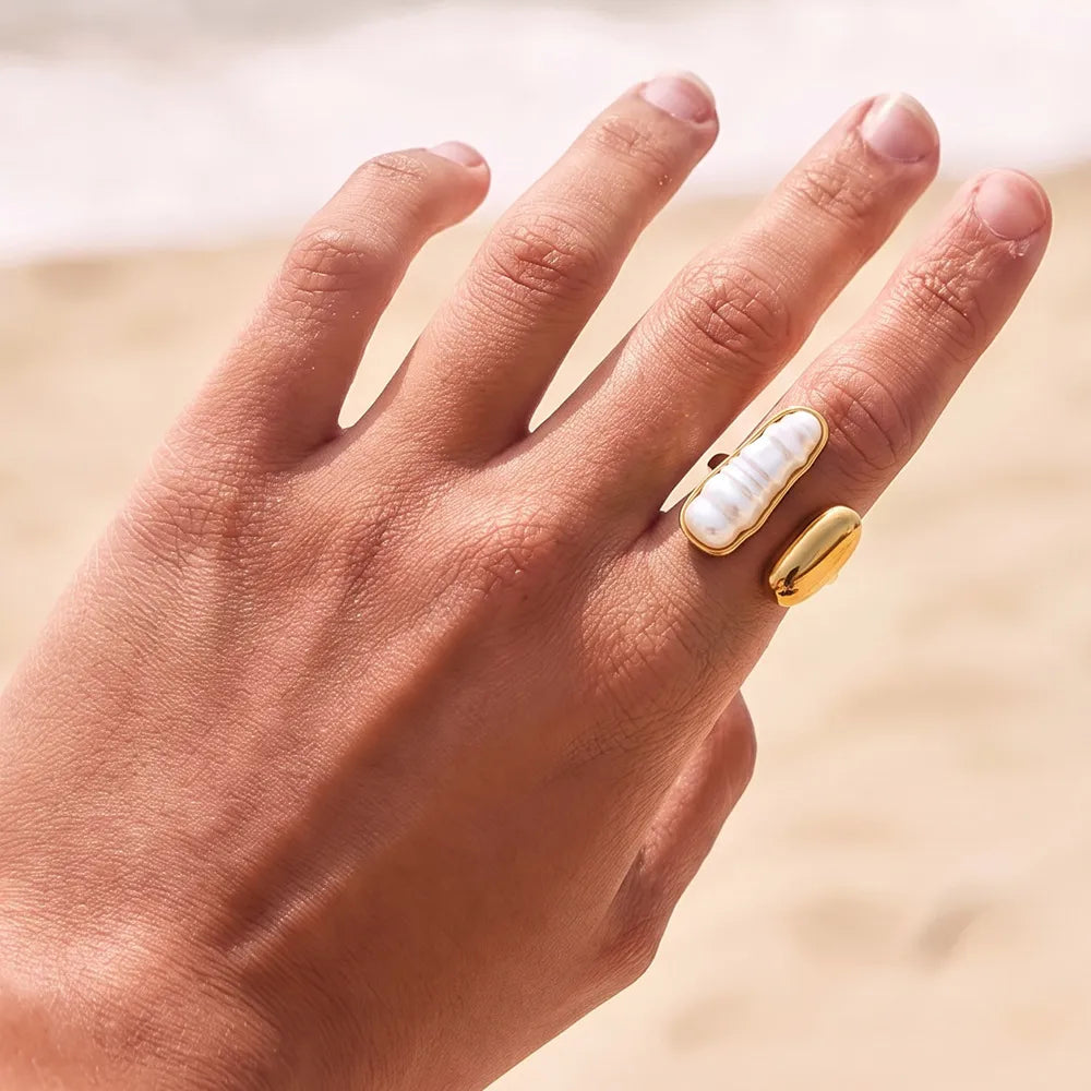 Waterproof Gold Pearl Open Ring
