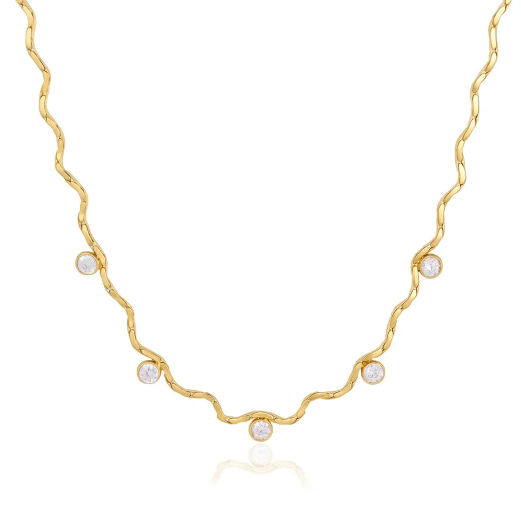 Wavy Chain Zirconia Necklace – Waterproof 18K Gold