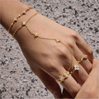 CZ Star Hand Chain Bracelet with Ring – Waterproof 18K Gold