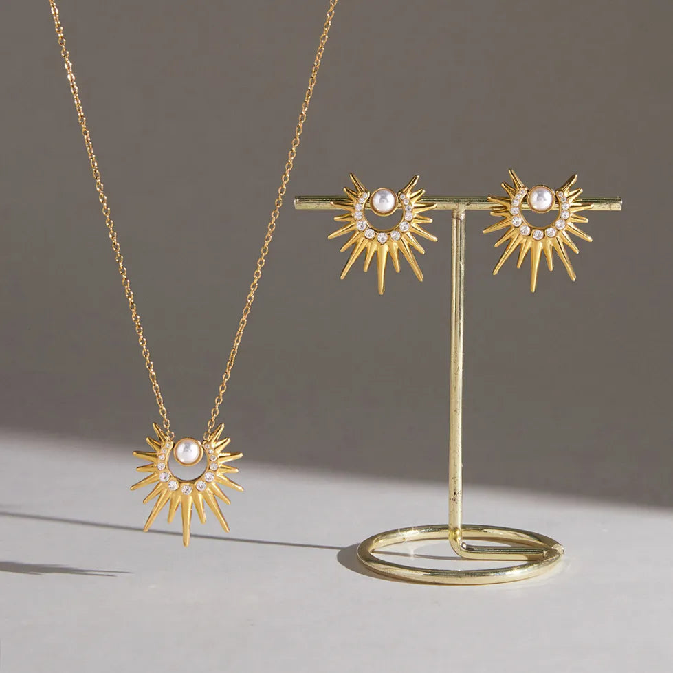 Waterproof Stainless Steel Sunburst Jewelry Set | Gold Pearl & Zirconia Necklace and Earrings