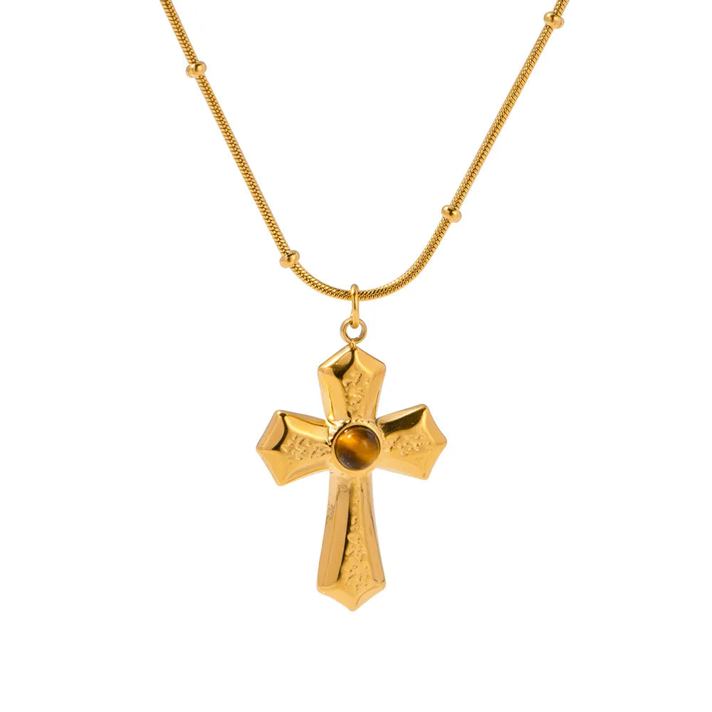 Waterproof Vintage Tiger's Eye Cross Necklace