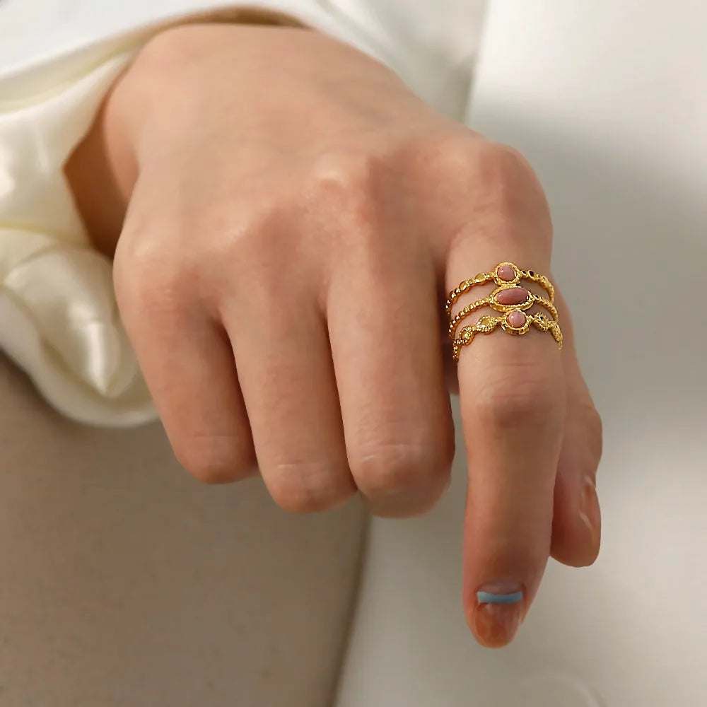 Triple Layer Pink Rhodochrosite Ring – Waterproof 18K Gold