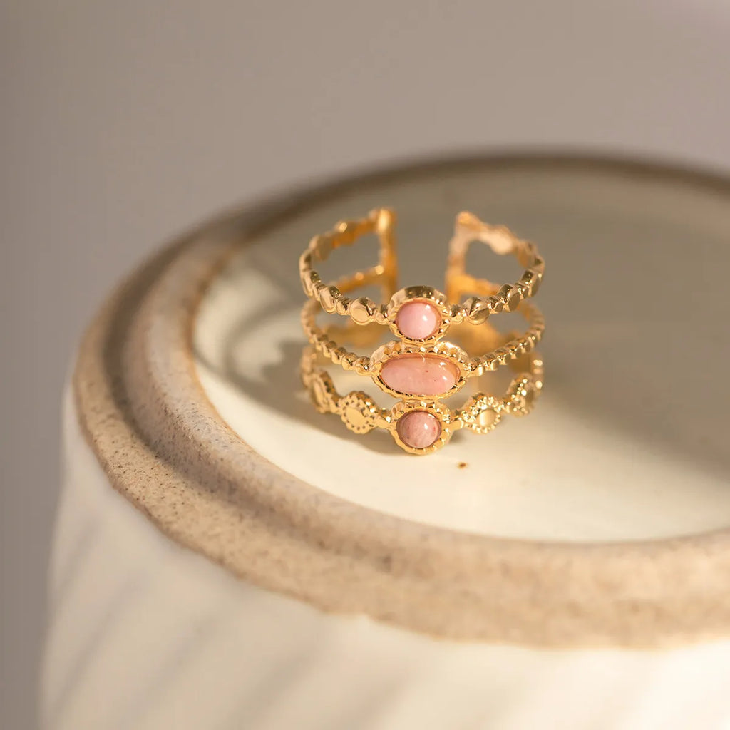 Triple Layer Pink Rhodochrosite Ring – Waterproof 18K Gold