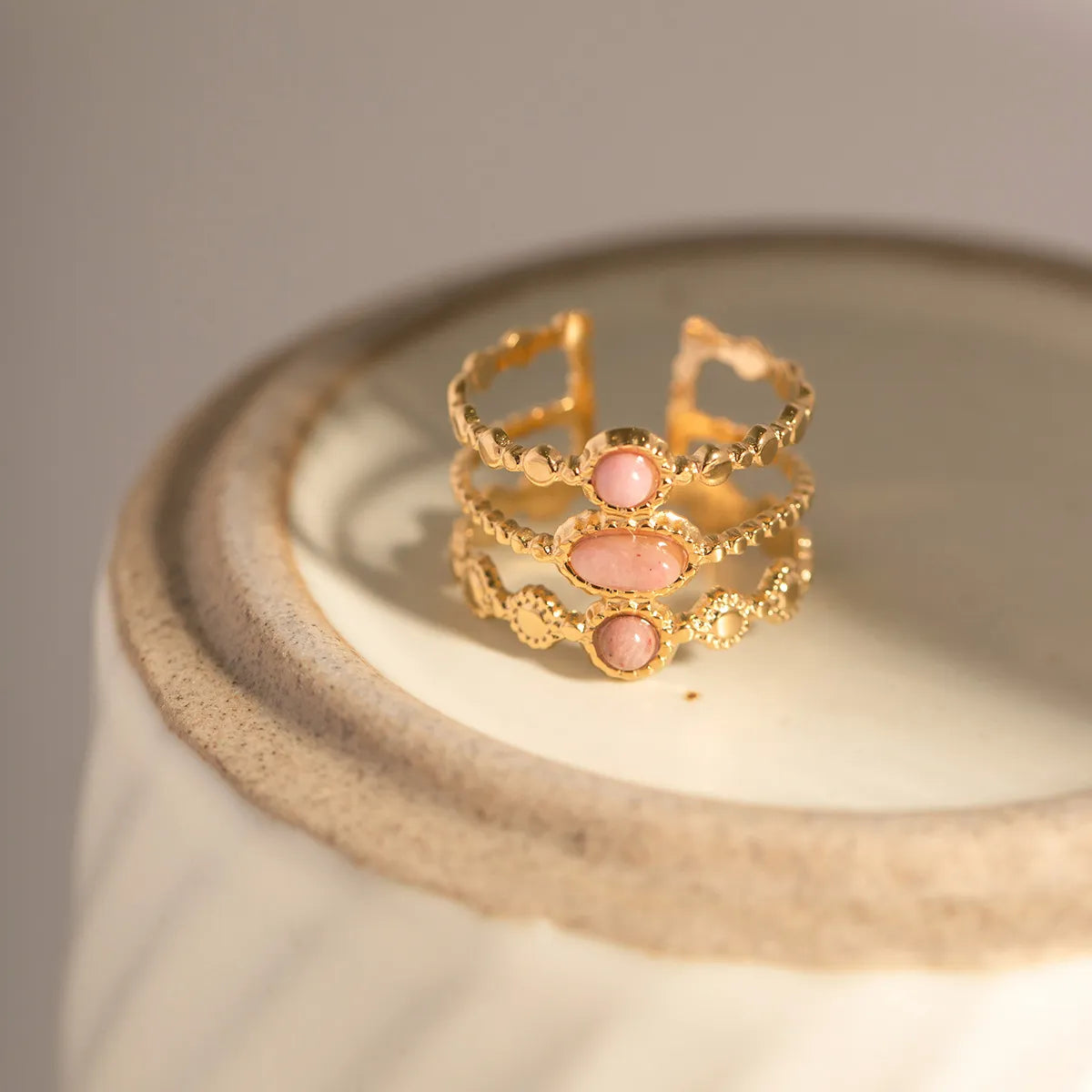 Triple Layer Pink Rhodochrosite Ring – Waterproof 18K Gold