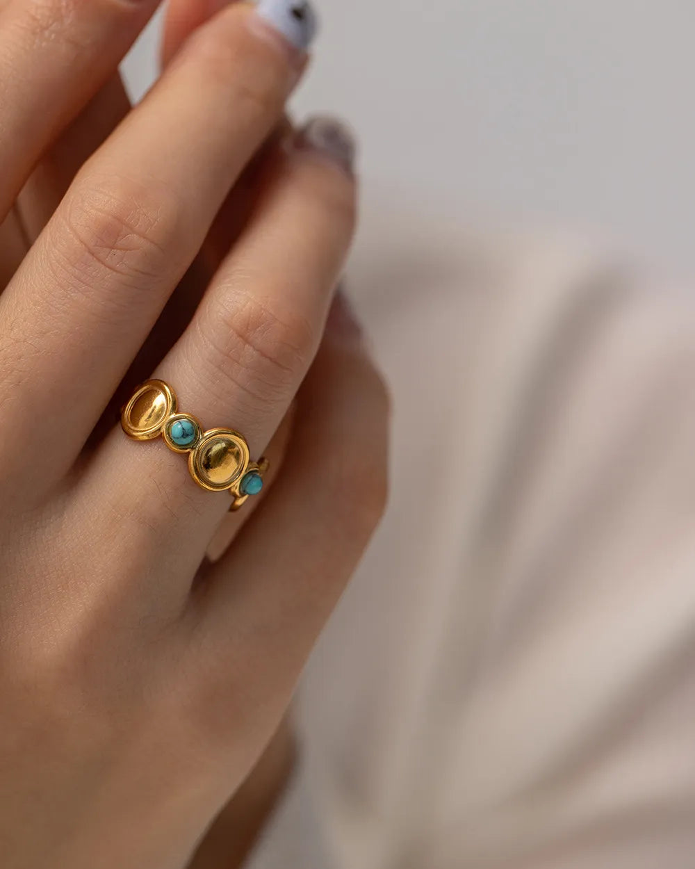 Turquoise Disc Open Ring – Waterproof 18K Gold