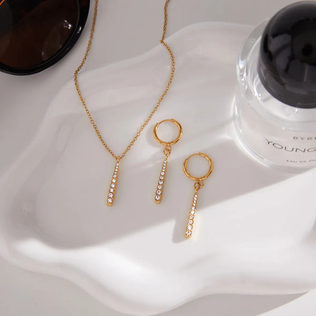 Pave Vertical Bar Necklace & Huggie Set – 18K Gold