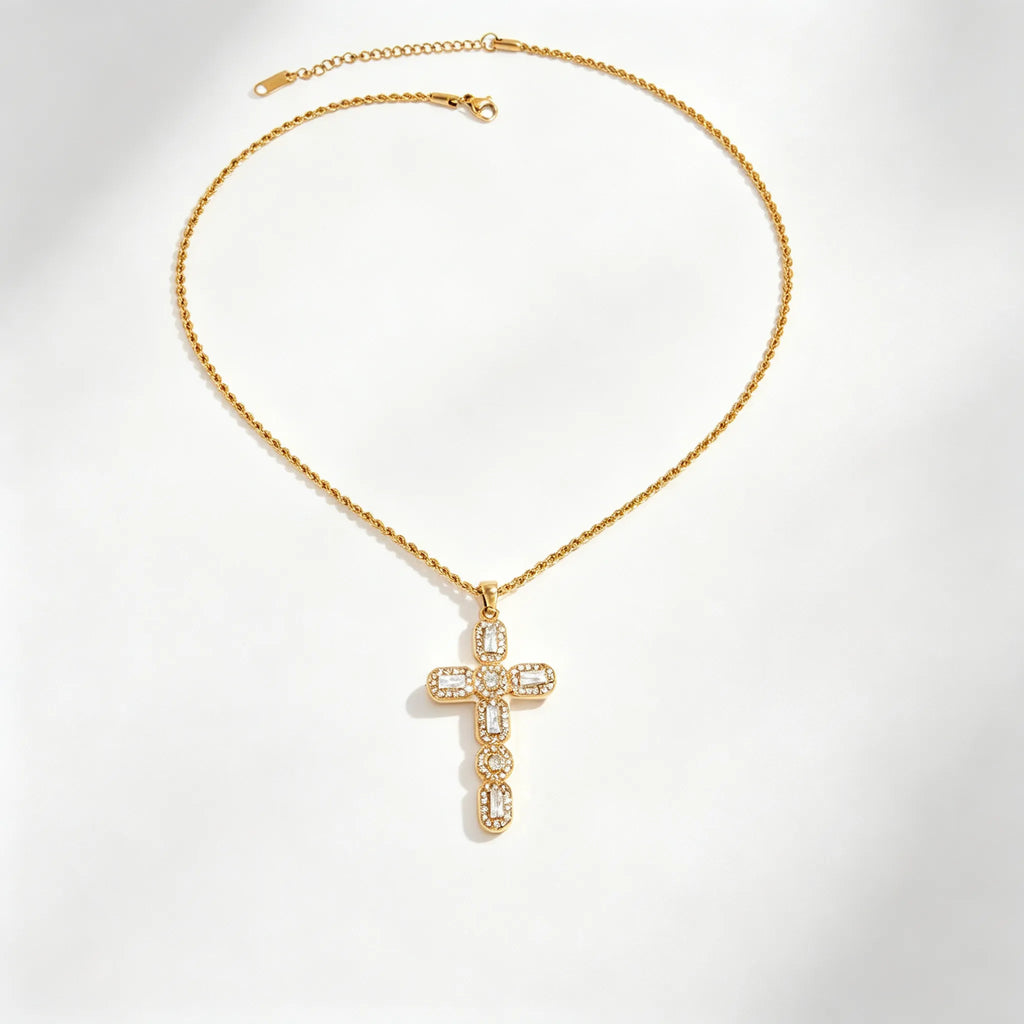 Waterproof Cross Pave CZ Pendant Necklace