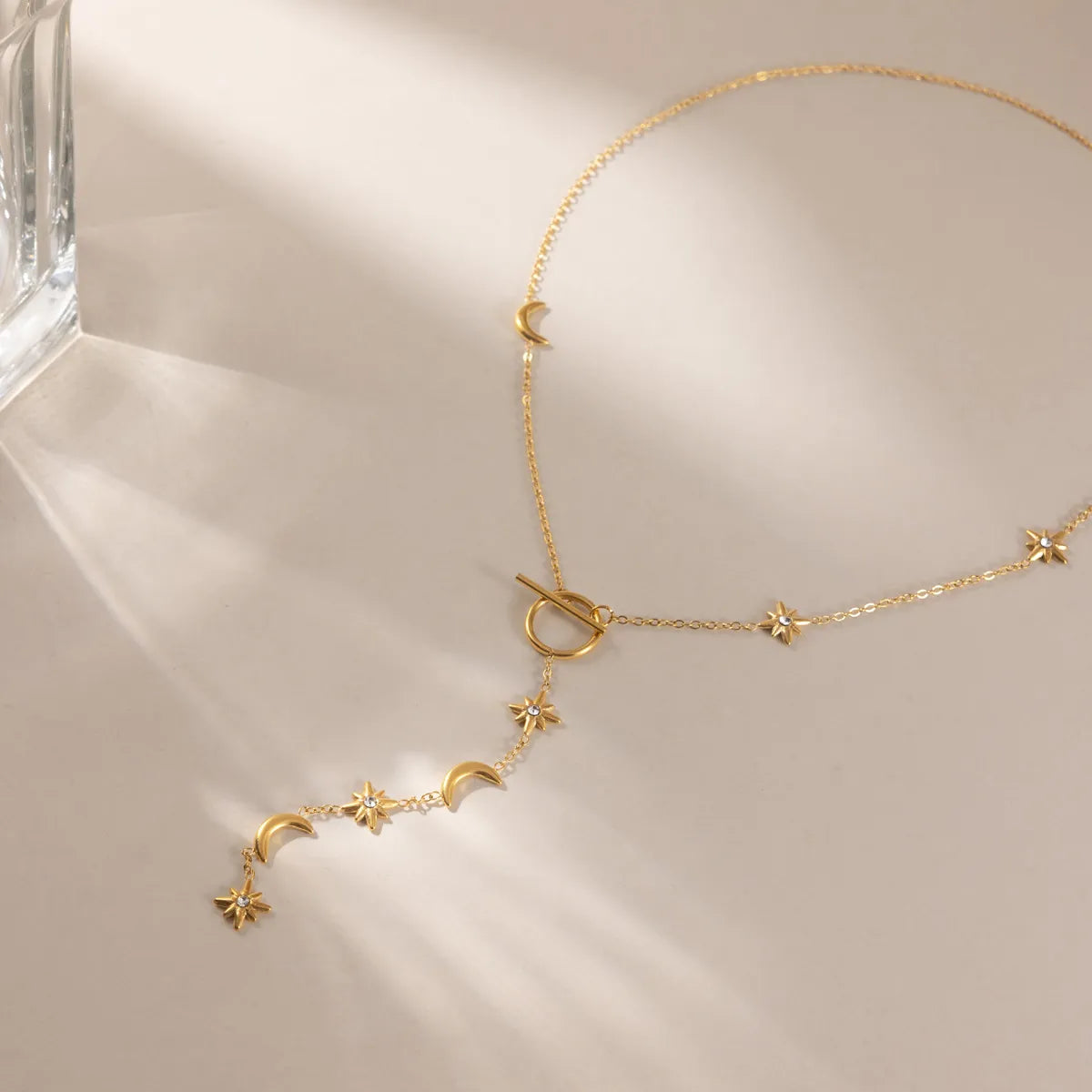 Moon & Star Toggle Lariat Y-Necklace – Waterproof 18K Gold
