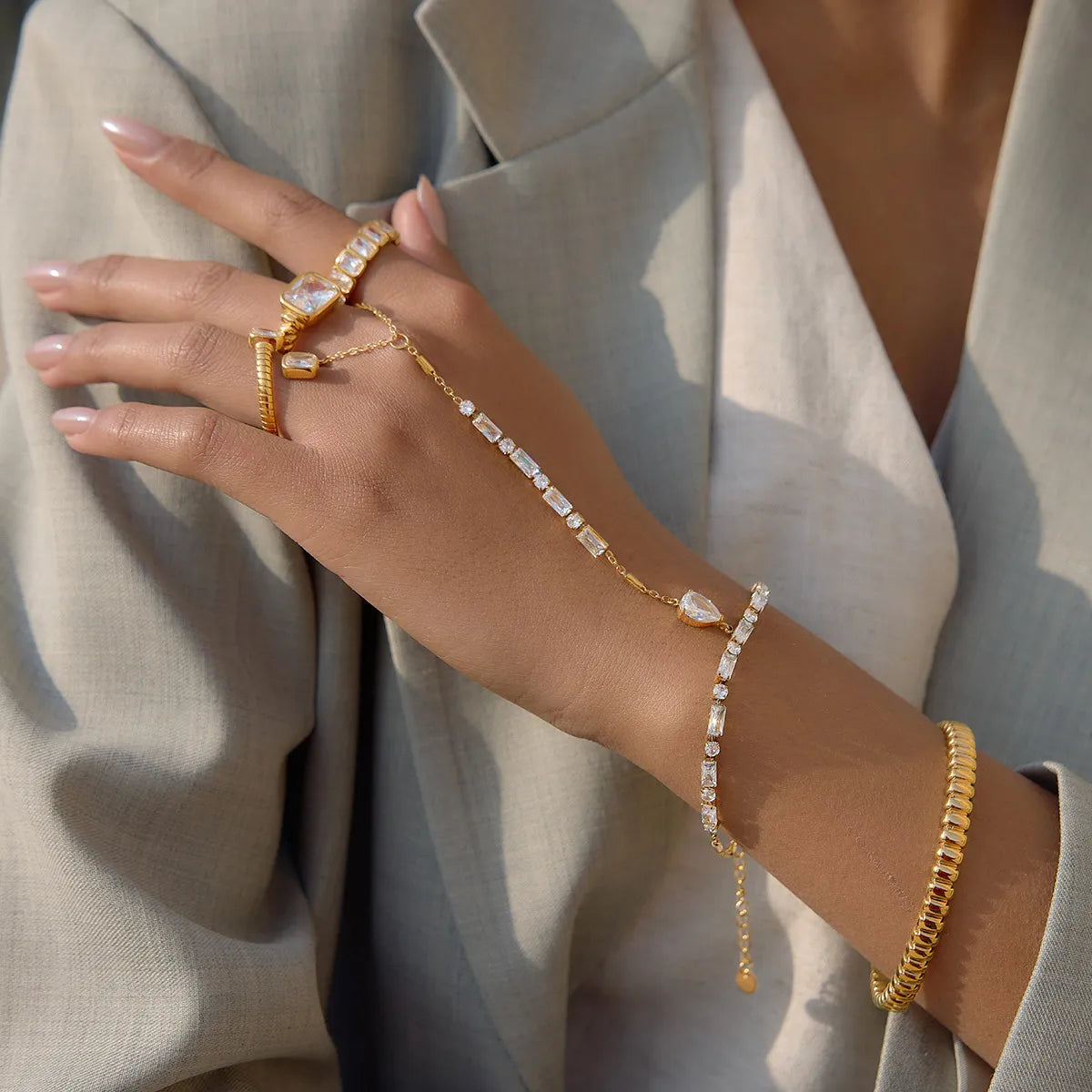 Waterproof CZ Hand Chain Bracelet Ring