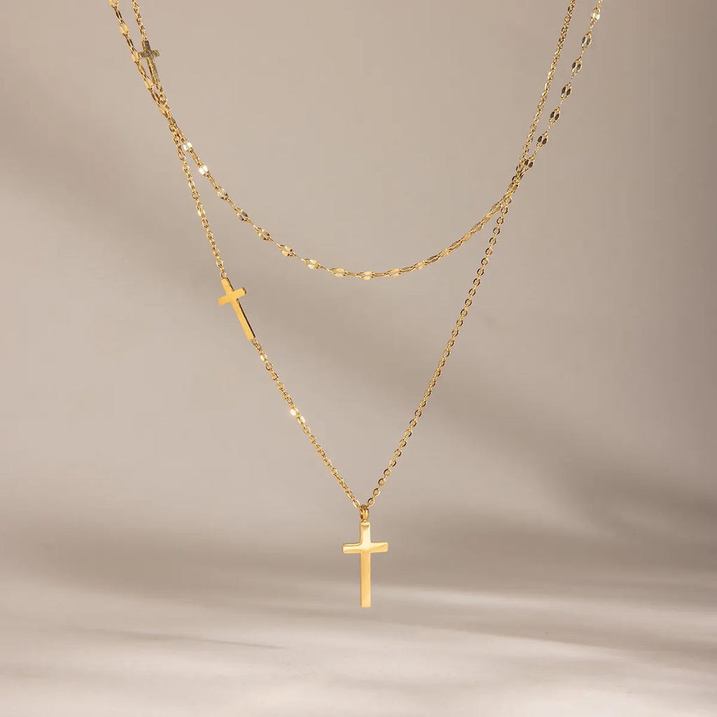 Layered Multi-Cross Charm Necklace – Waterproof 18K Gold