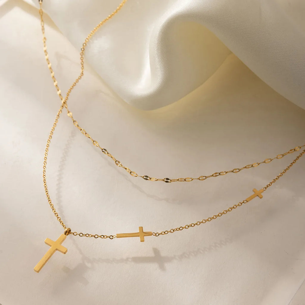 Layered Multi-Cross Charm Necklace – Waterproof 18K Gold