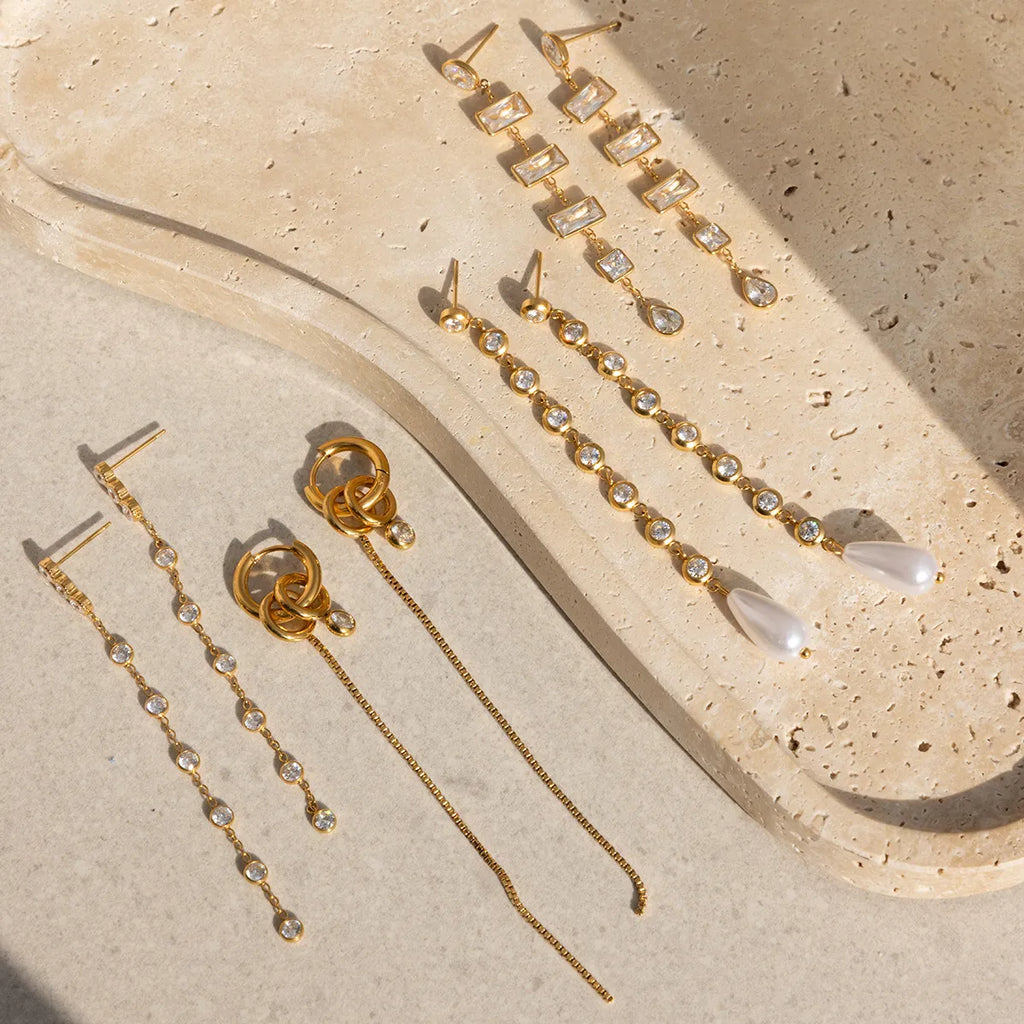 Zirconia Drop & Threader Earrings Collection – Waterproof 18K Gold