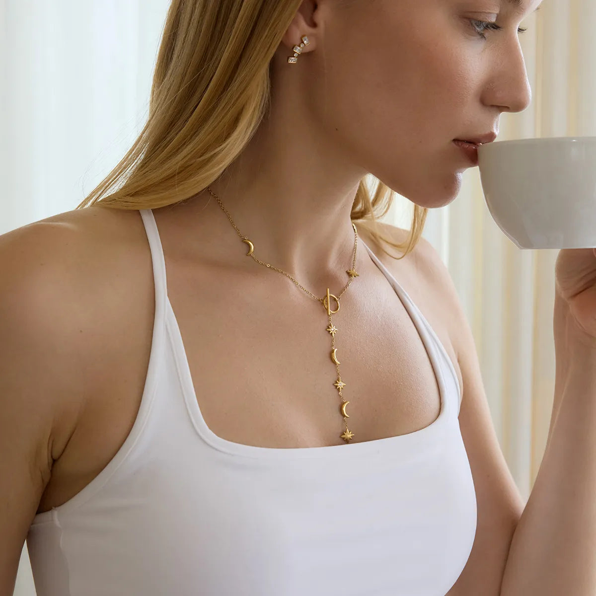 Moon & Star Toggle Lariat Y-Necklace – Waterproof 18K Gold