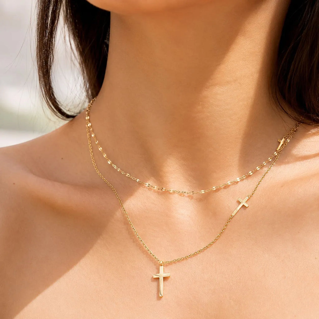Layered Multi-Cross Charm Necklace – Waterproof 18K Gold