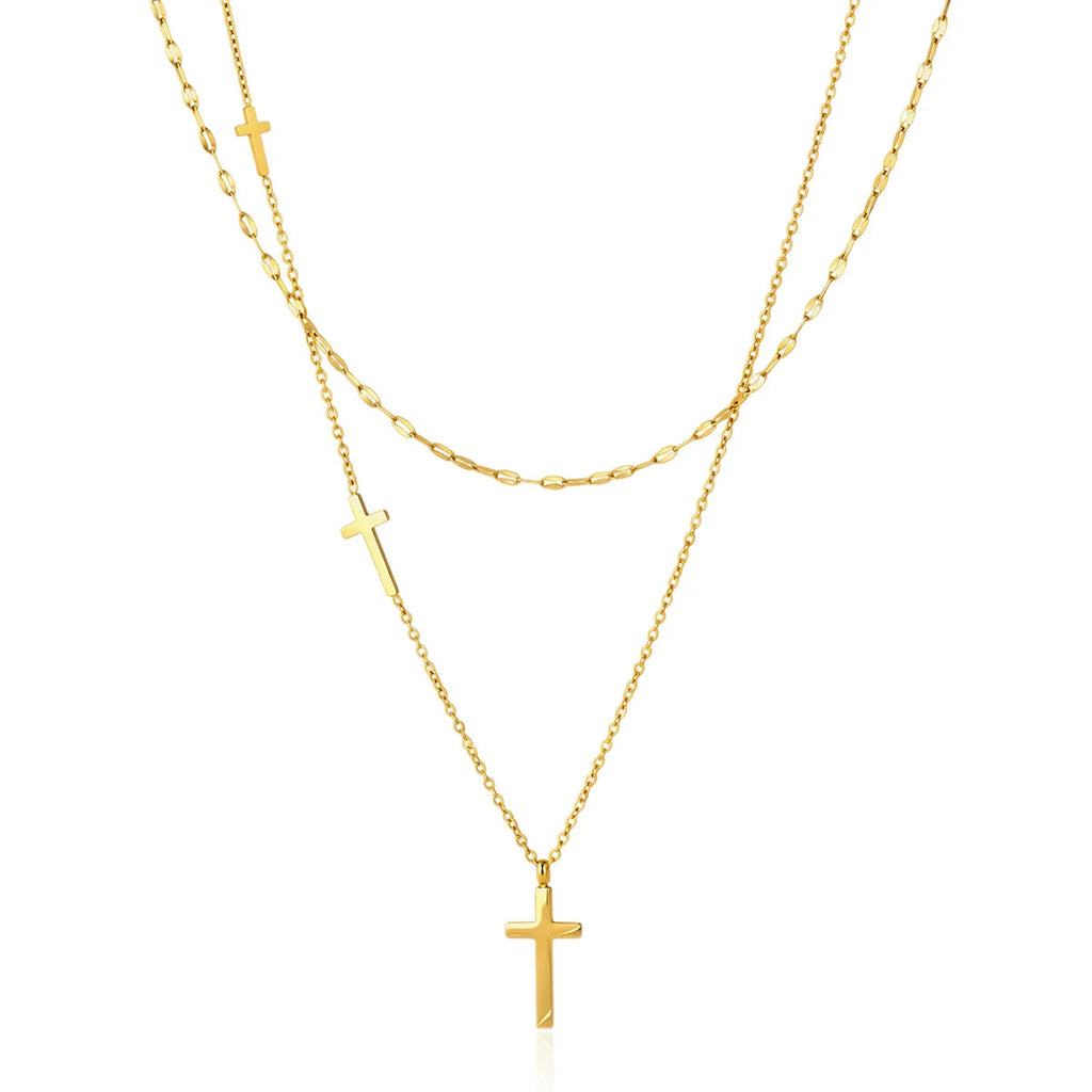 Layered Multi-Cross Charm Necklace – Waterproof 18K Gold