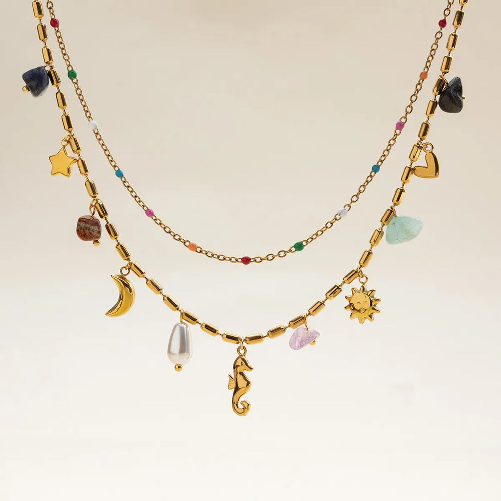 Waterproof Natural Stone & Pearl Layered Necklace