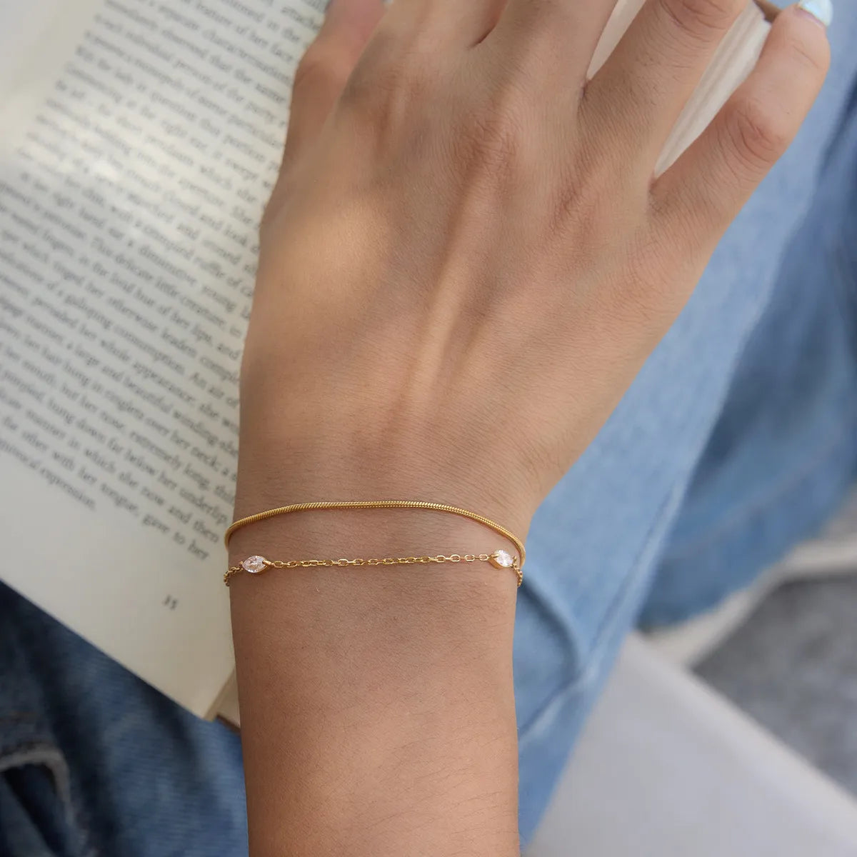 Layered Snake Chain & Marquise Zirconia Bracelet – Waterproof 18K Gold