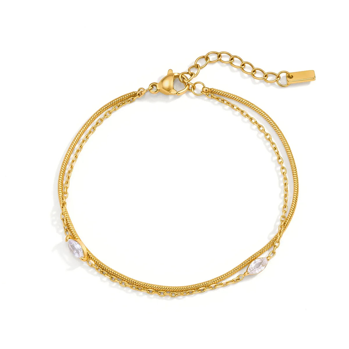 Layered Snake Chain & Marquise Zirconia Bracelet – Waterproof 18K Gold