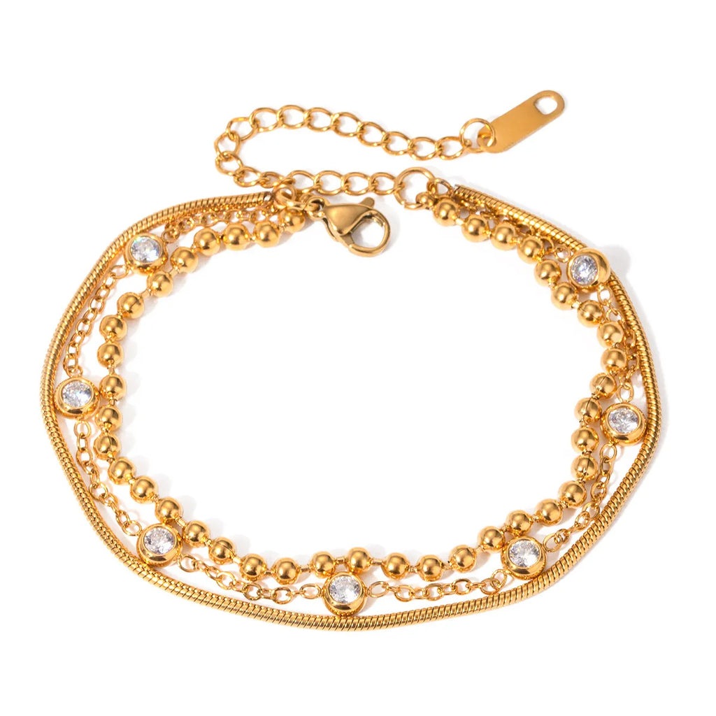 Multi-Layered Bead & Zirconia Bracelet – Waterproof 18K Gold