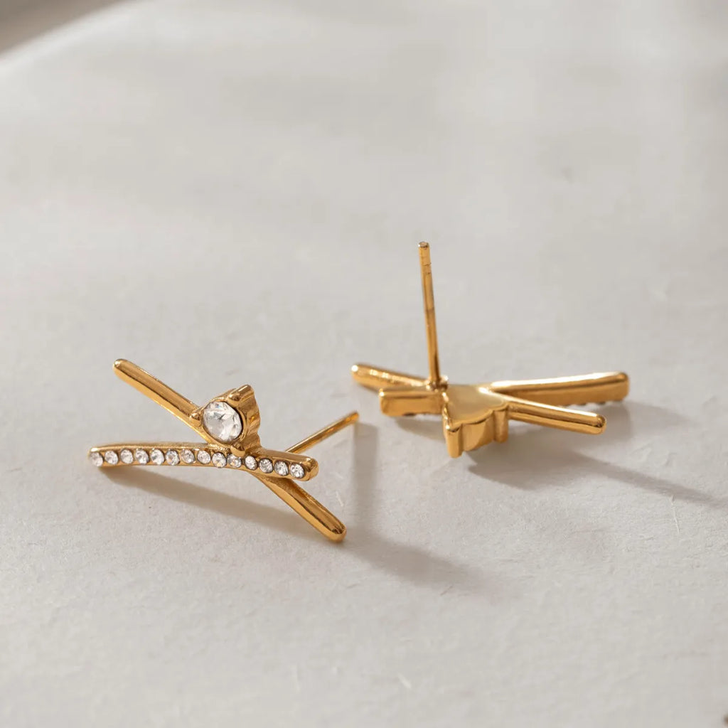 X-Shape CZ Ear Climber Earrings – Waterproof 18K Gold