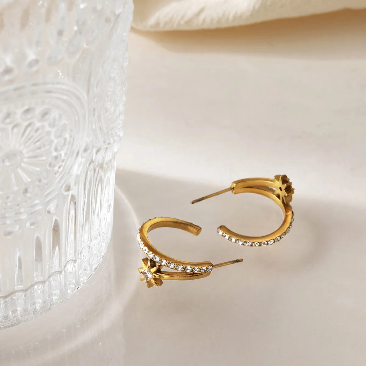 North Star Zirconia Double Hoop Earrings – Waterproof 18K Gold